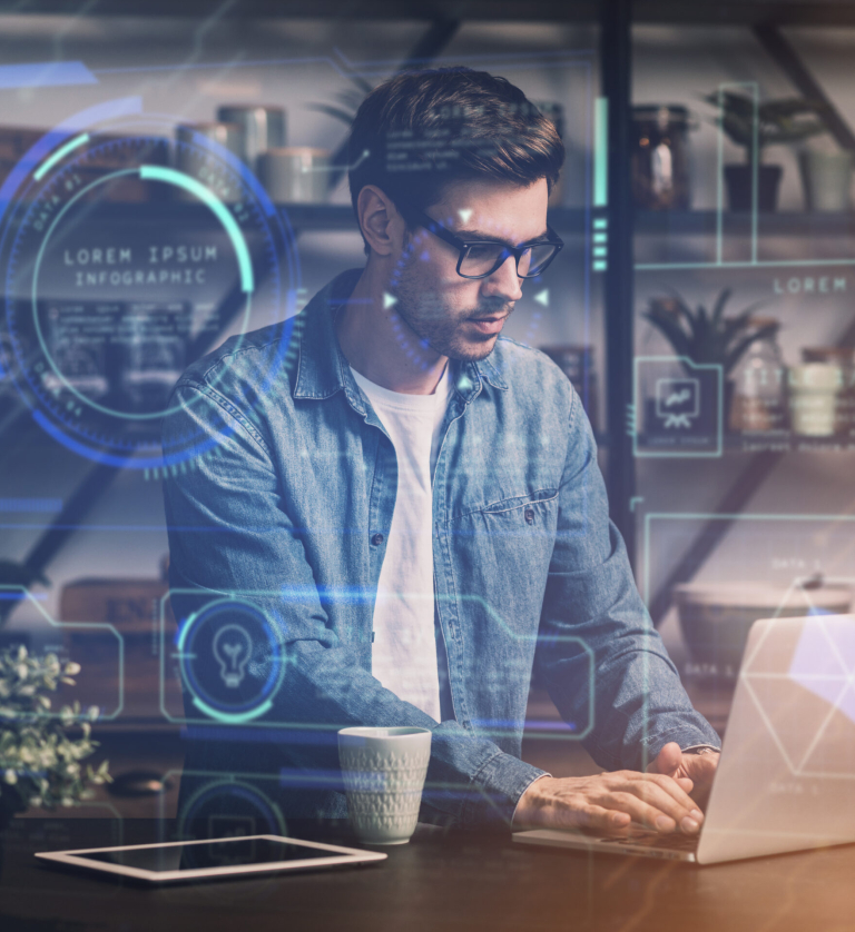 Web developer working on HTML code on a computer screen in a professional business environment